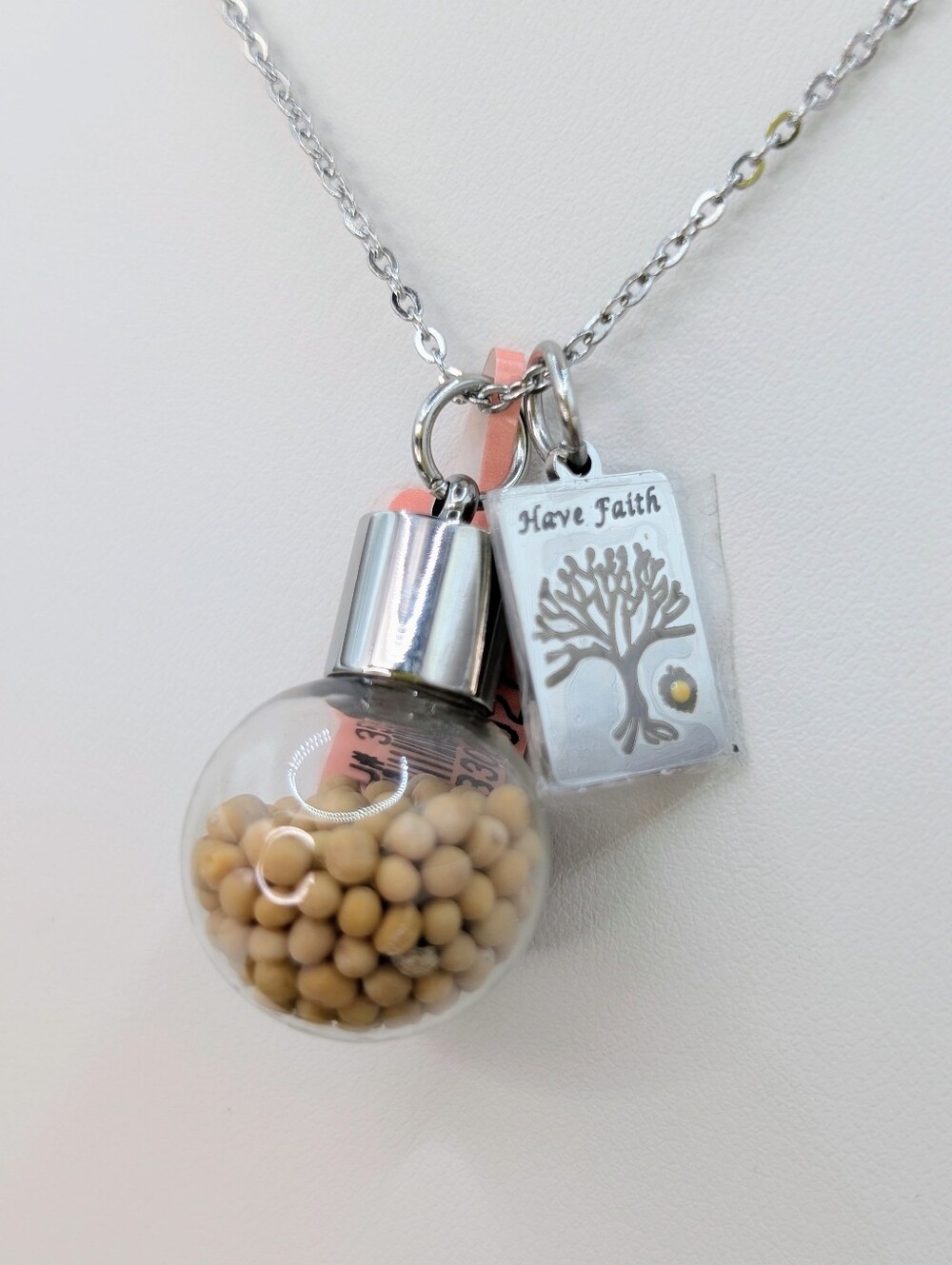 "Have Faith" Mustard Seed Pendant Necklace - Stainless Steel & Glass